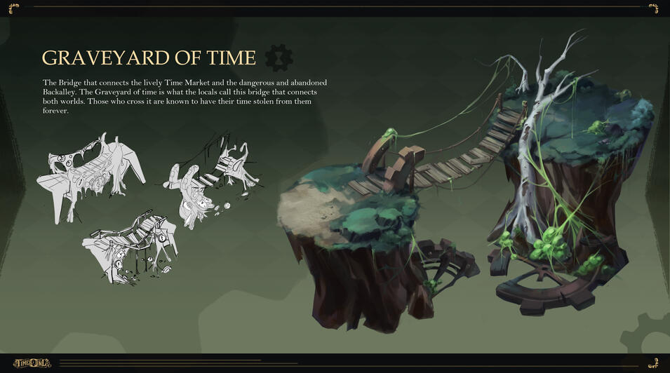 The Bridge that links the Time Market and the Back Alley. The reason why locals call it the Clock Graveyard is because people are known to throw their broken clocks away on the bridge into the pit to ward of bad luck. But whoever dares to cross the bridge