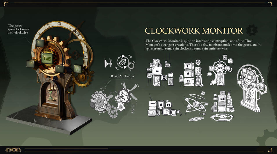 The clockwork monitor is used for monitoring The Time Trials participants. With the Time Manager's obsession with time and things related to it. He designed the monitors with clockwork elements. he was always fascinated with the way it works and looks.